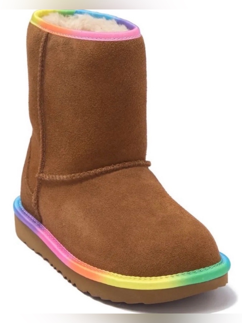 UGG Classic Short Rainbow Trim Chestnut Shearling Kids Waterproof Winter Boots 6